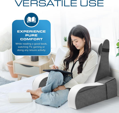 Kölbs Wedge Reading Cushion, Back Pillow for Bed Sitting Up, Cushion with Arms for TV Book Gaming Dorm Rooms, Backrest (Grey/White, Standard)
