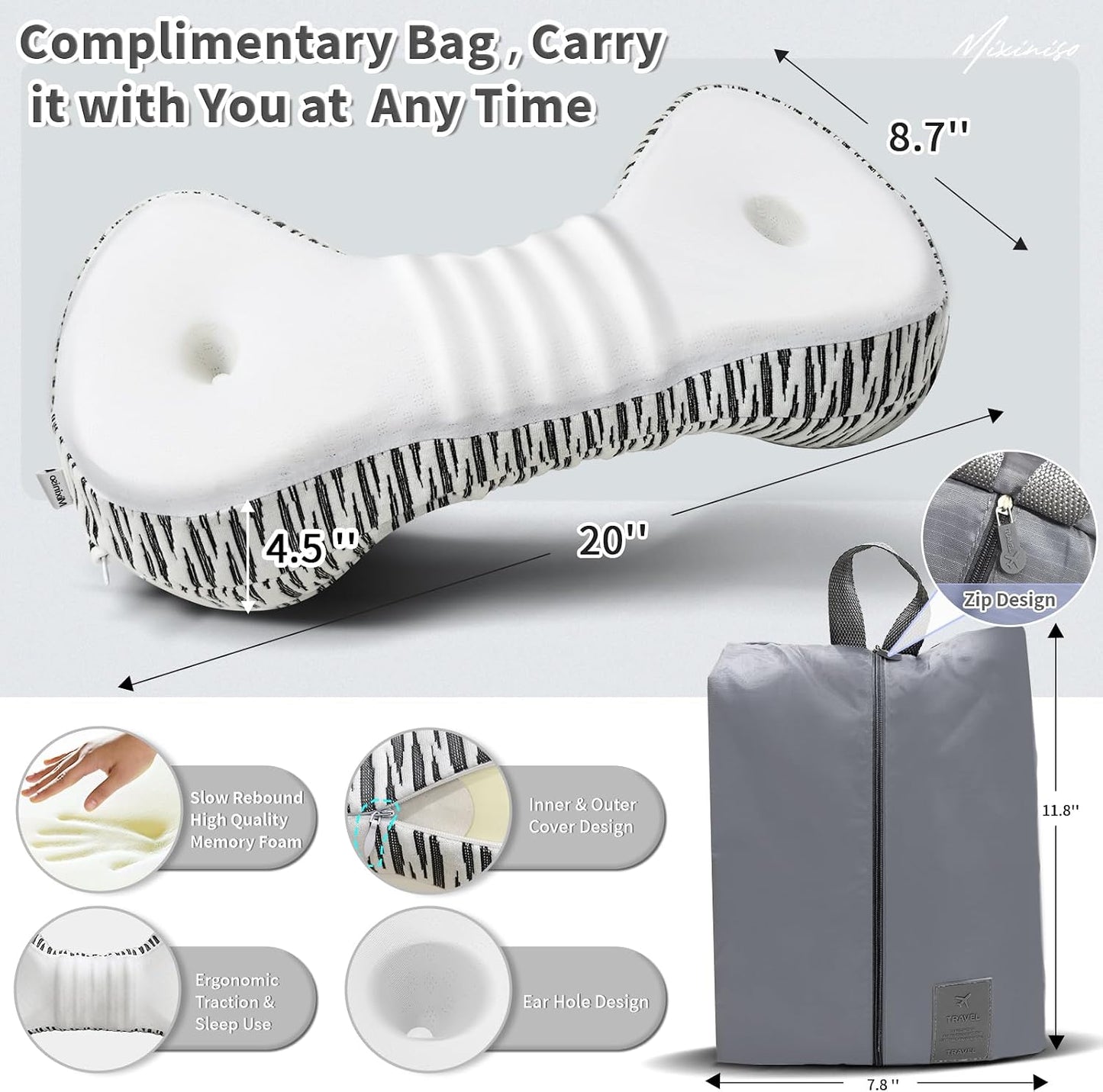 Cervical Neck Roll Pillow, Say Goodbye to Neck Pain, Travel Neck Support Pillow for Side Sleepers, Ergonomic Memory Foam Camping Pillow, Cervical Traction Device with Storage Bag