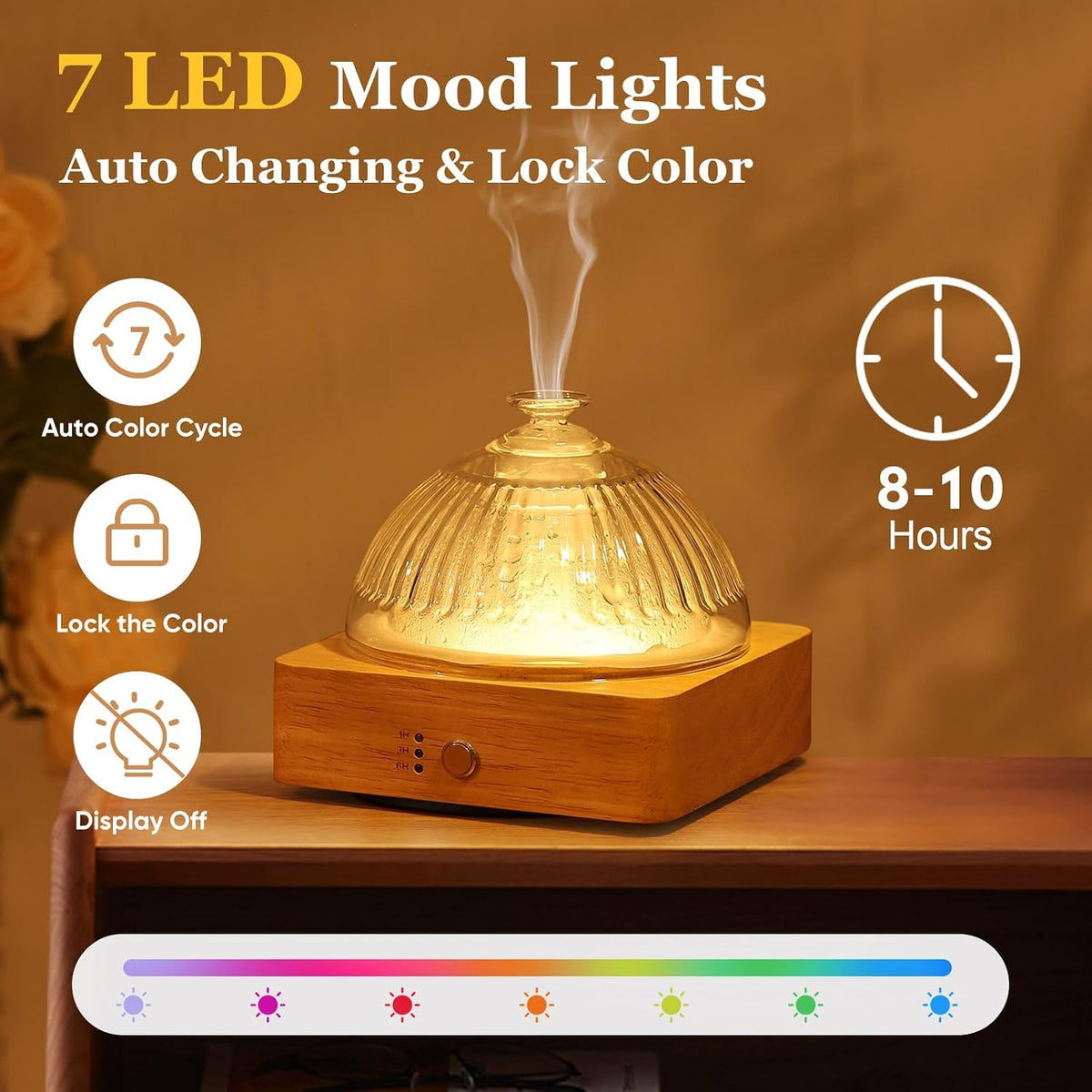 Lecdura Glass Essential Oil Diffuser with Glass Reservoir & WoodBase, 200ml Ultrasonic Lock Color Timer Auto-Off 7 Color Light Aroma Glass Dome Diffuser for Home Office Bedroom Yoga