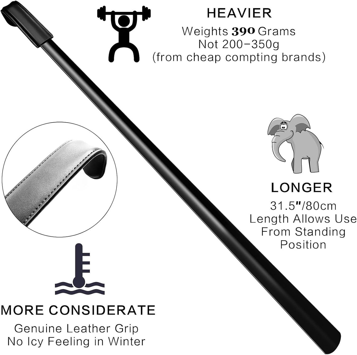 31.5inch Extra Long Handled Metal Shoe Horn,Extra Long Stainless Steel Shoe Spoon for Back Pain,Steel Shoehorn For Boots,Shoehorn for Elderly, Senior, Children, Pregnant Women-Black & Heavy Duty