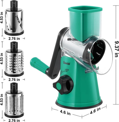 Geedel Rotary Cheese Grater, Kitchen Mandoline Vegetable Slicer with 3 Interchangeable Blades, Easy to Clean Rotary Grater Slicer for Fruit, Vegetables, Nuts | 3 Blades, 430 Stainless Steel, 12x Fast Cutting, Strong Suction Base, No BPA, Dishwasher Safe,