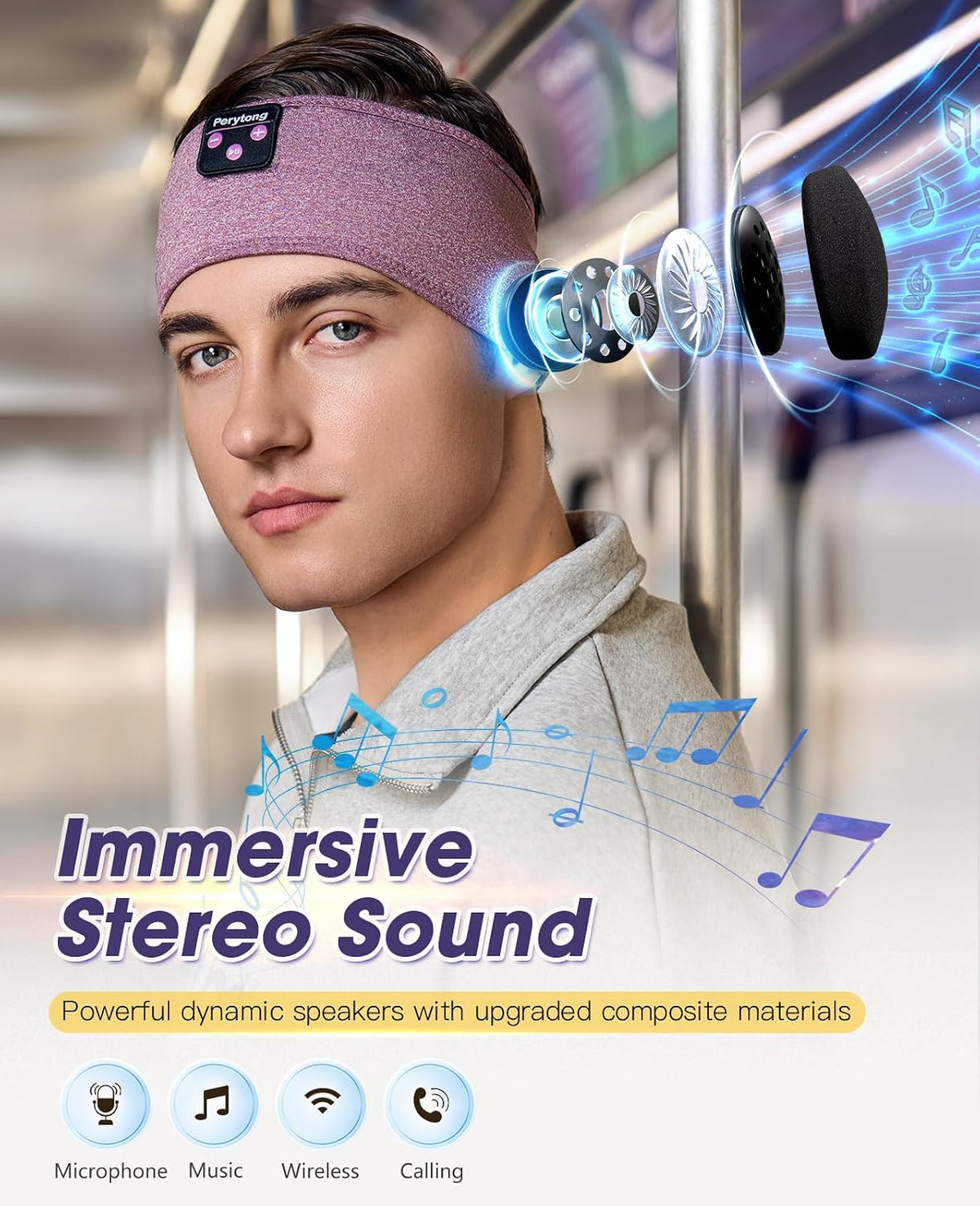 Perytong Sleep Headphones Bluetooth 5.4 Headband, Wireless Sleep Headphones for Side Sleepers - Sleeping Headband with Ultra-Thin Speaker Microphone Handsfree Gift Ideas for Women Men