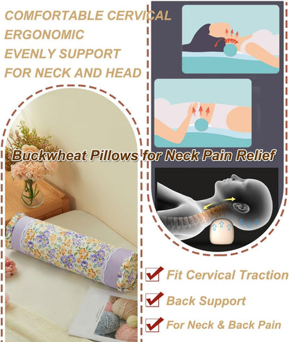 Buckwheat Neck Roll Pillow, Adjustable Bolster Cylinder Pillows with Plaid & Lace Trim Pillowcase, Firm Cervical Support Round Pillows Neck Pain Relief for Sleeping (16"x4",Blue)