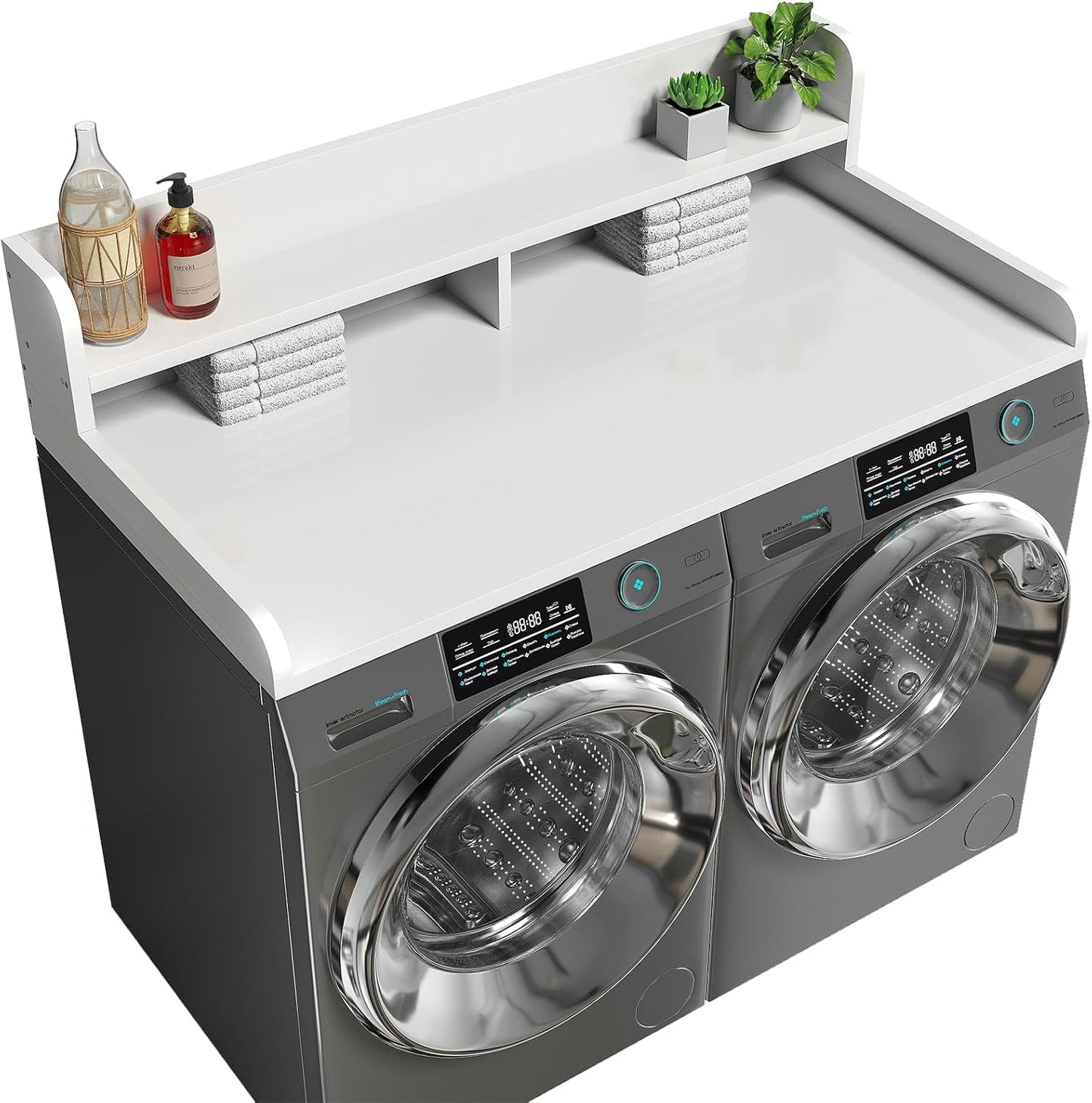 2-Tier Washer Dryer Countertop with 2.75" H Edge Rails, 54" W x 27.55" D Laundry Countertop for Folding Clothes, Washer and Dryer Topper with Non-Slip Pad (Dark Walnut)