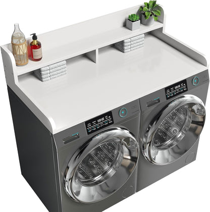 2-Tier Washer Dryer Countertop with 2.75" H Edge Rails, 54" W x 27.55" D Laundry Countertop for Folding Clothes, Washer and Dryer Topper with Non-Slip Pad (Dark Walnut)
