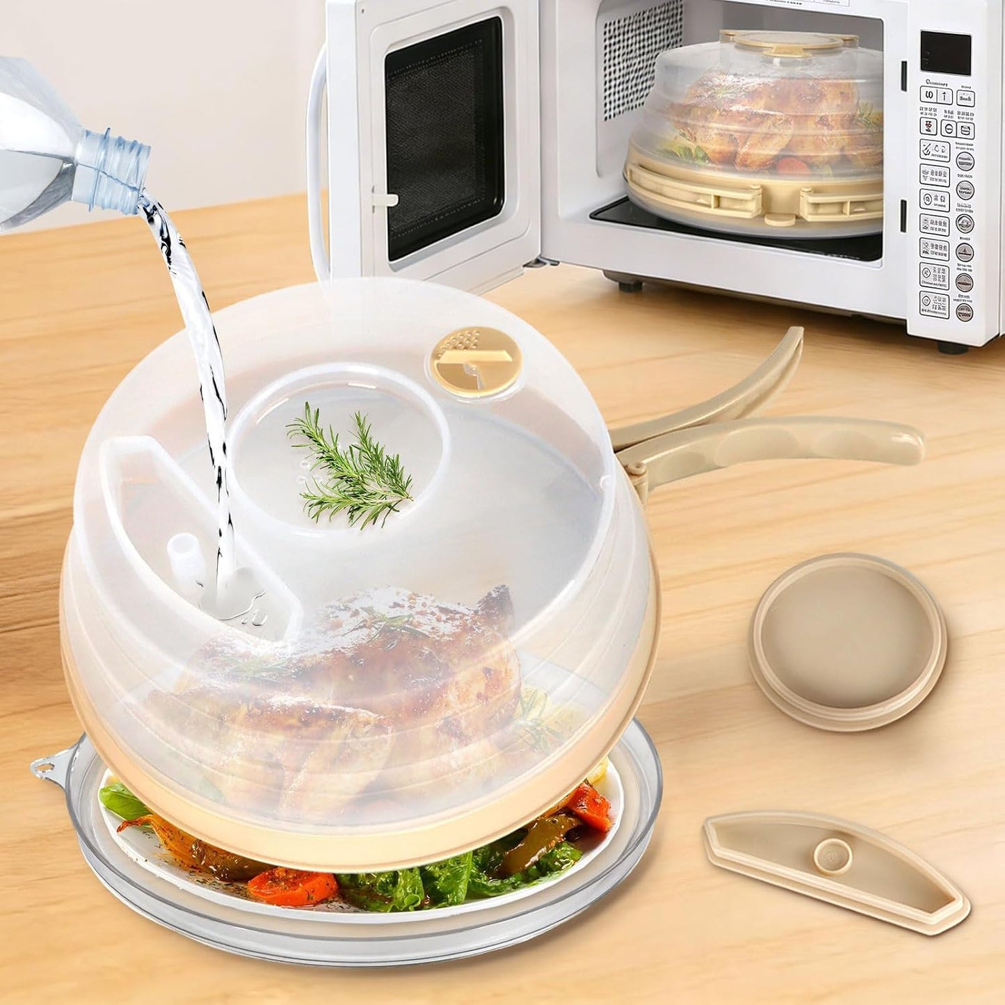 10” Microwave Splatter Cover with Water Steamer and Anti-Spill Base Plate | Built-in Seasoning Box, Collapsible Microwave Cover for Food with Handle & Hanging Hole, Vent Adjustable, BPA-Free, Reusable