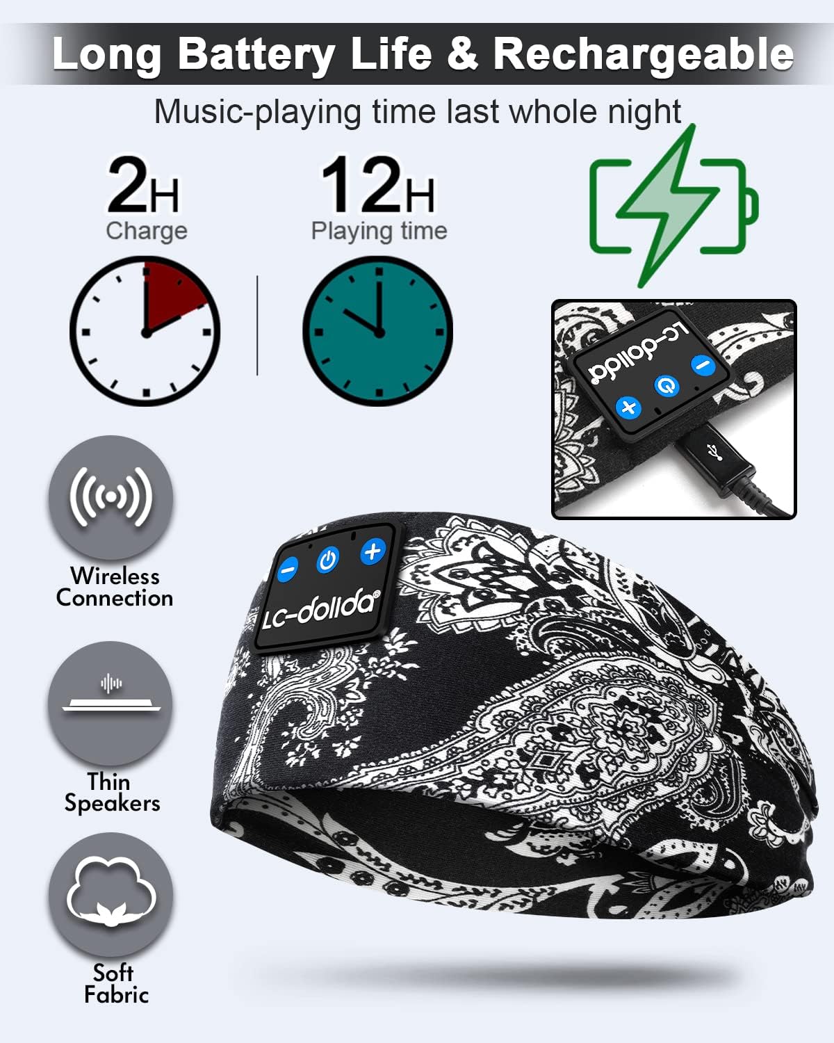 LC-dolida Sleep Headphones Bluetooth Headband Sleeping Wireless Headband Headphones with Thin HD Stereo Speakers Perfect for Side Sleepers, Sport, Yoga, Travel