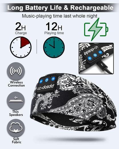 LC-dolida Sleep Headphones Bluetooth Headband Sleeping Wireless Headband Headphones with Thin HD Stereo Speakers Perfect for Side Sleepers, Sport, Yoga, Travel