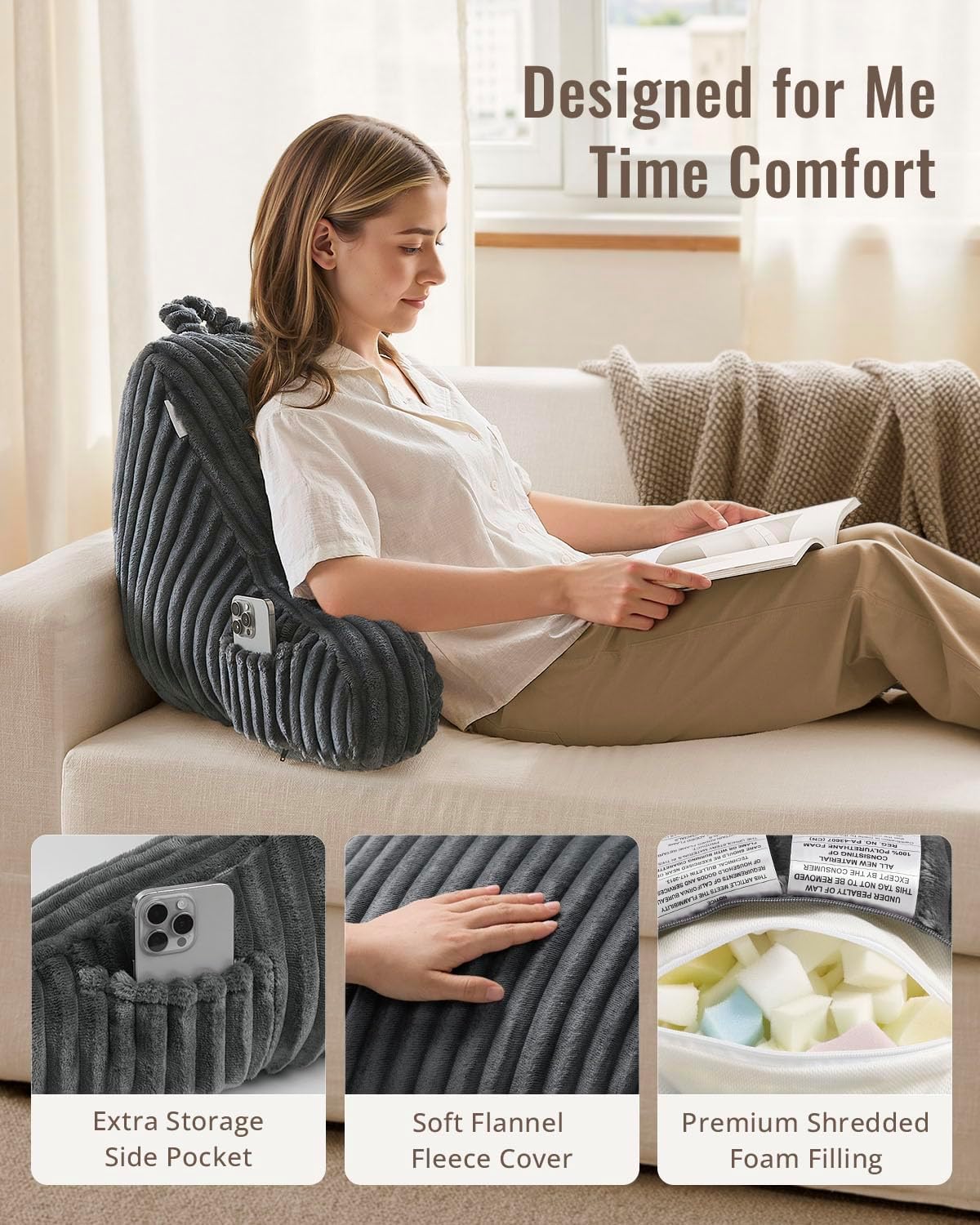 Blissful Diary Reading Pillow, Backrest Pillow with Shredded Memory Foam for Adult & Children, Designed for Bed and Couch Sitting Up, Includes Arms, Pockets and Washable Cover, Off White