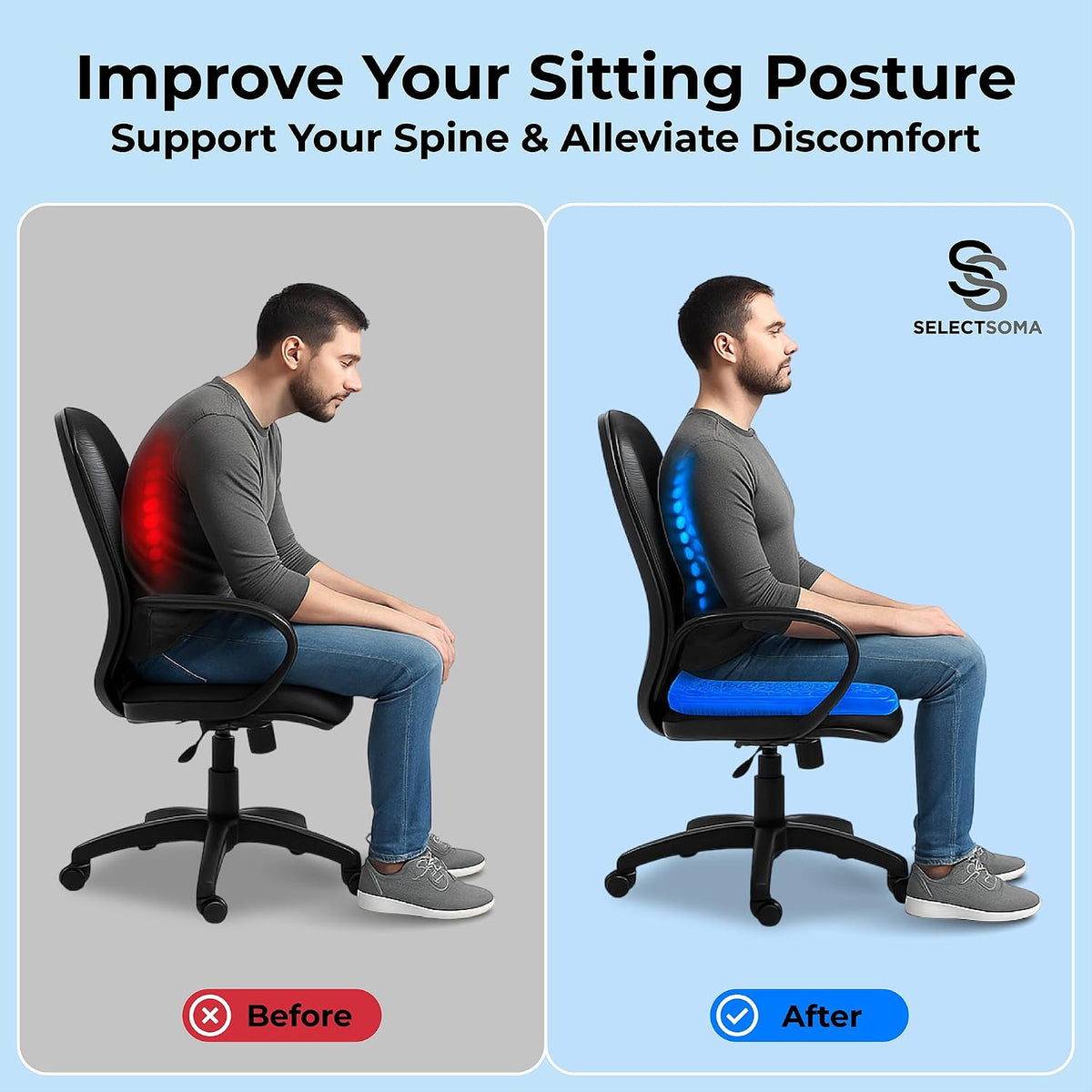 Gel Seat Cushion for Long Sitting, Pressure Relief for Tailbone and Back