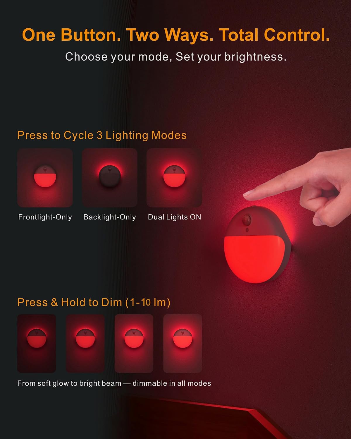 Small Motion Sensor Amber Night Light Battery Operated, Toilet Light | 2 Pack, 3 Modes, Dimmable 1-15lm, Dim Light Soft Glow, No Plug, Wireless Stick on Light for Bedroom, Sleep, Bathroom, Kids