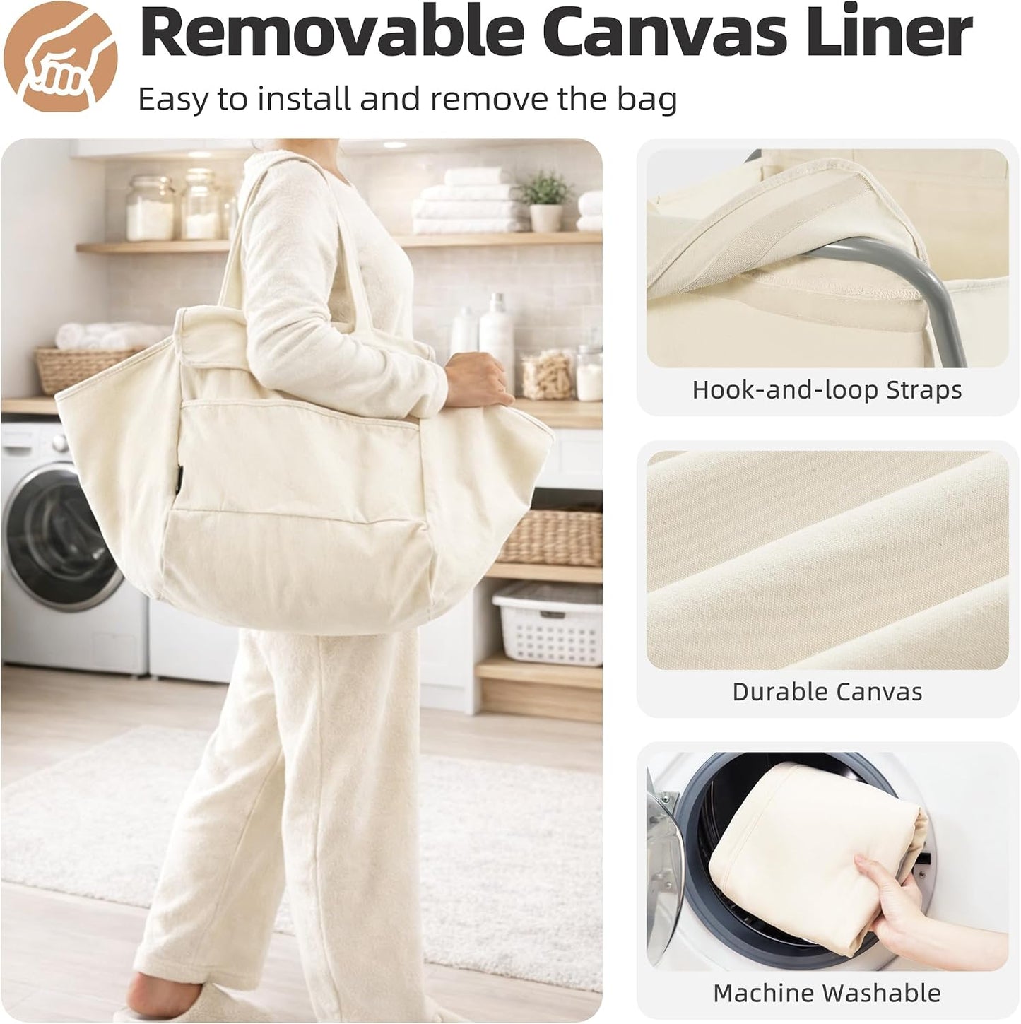 STORAGE MANIAC Collapsible Laundry Cart with Wheels 35.6"H Removable Canvas Bag Rolling Laundry Hamper Clothes Basket with Wheels, Sturdy Steel Frame Folding for Small Narrow Space Easy Storage, Beige