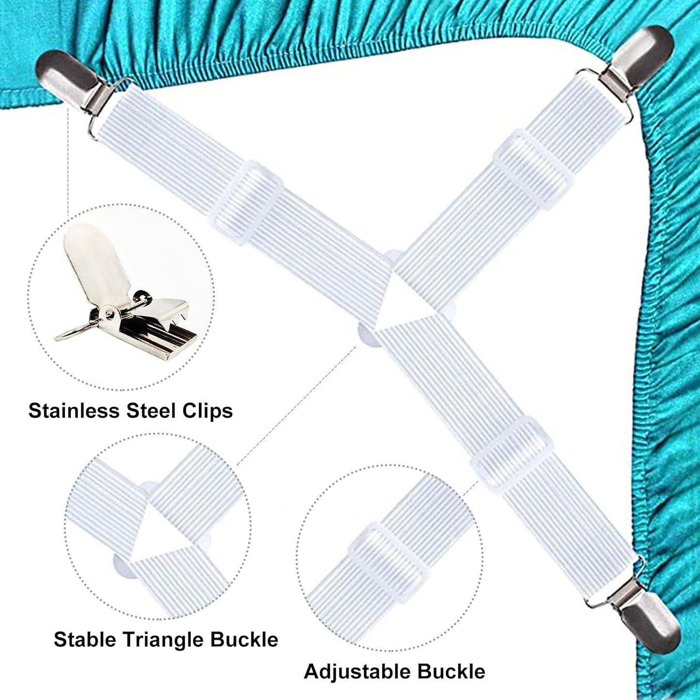 Fitted Bed Sheet Straps: Sheet Holder Suspenders (White, 4-Pack)