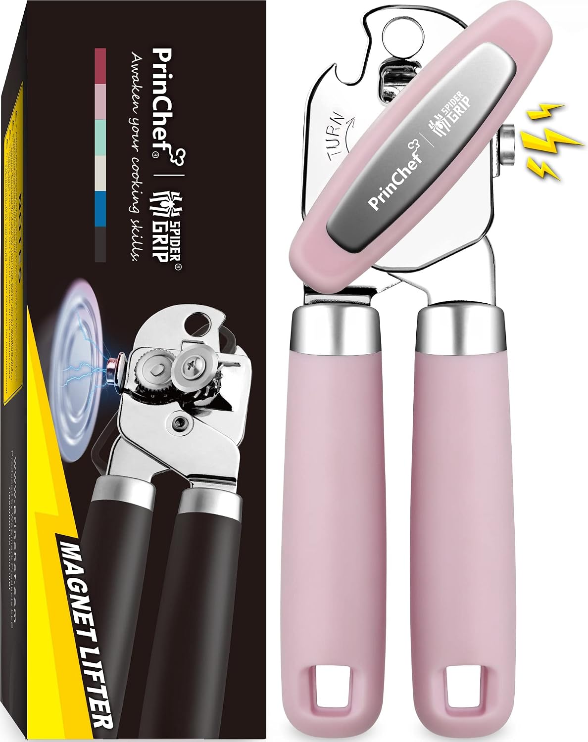 [Smoother Cut] PrinChef Manual Can Opener with Magnet, Improved Handle for More Comfortable Grip, Handheld Can Openers for Seniors, Heavy Duty Can Opener Smooth Edge, Bottle Opener Easy to Use, Black