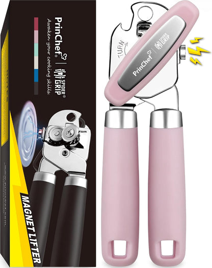 [Smoother Cut] PrinChef Manual Can Opener with Magnet, Improved Handle for More Comfortable Grip, Handheld Can Openers for Seniors, Heavy Duty Can Opener Smooth Edge, Bottle Opener Easy to Use, Black