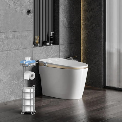 TomCare Toilet Paper Holder Free Standing with Shelf, Stable 4 Raised Feet | Stores 4 Mega Rolls, Tool-Free Assembly, Powder-Coated Metal Frame, Bathroom Storage Organizer for Spare Rolls, Silver