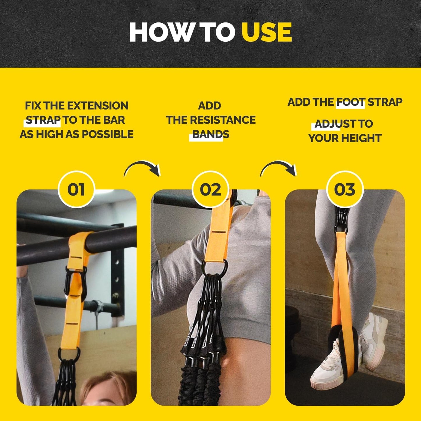 Pull Up Assistance Bands Set with 4 Levels, Adjustable Strap and Foot Rest | 50–200 lb stackable pull-up assistance, nylon-sleeved bands, adjustable support, reduced snap-back risk
