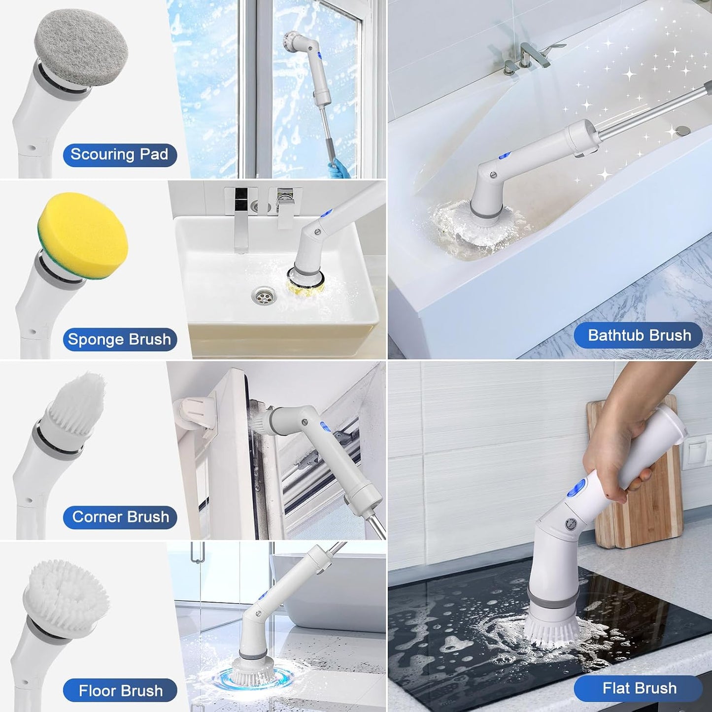 Qimedo Electric Spin Scrubber Q3, 6000mAh, Extra-Large Brush Head, 1200RPM | Floor Scrubber Machine with Long Handle, Cordless Cleaning Brush, 8 Brush Heads and Smart Display for Showers, Tubs and Tile