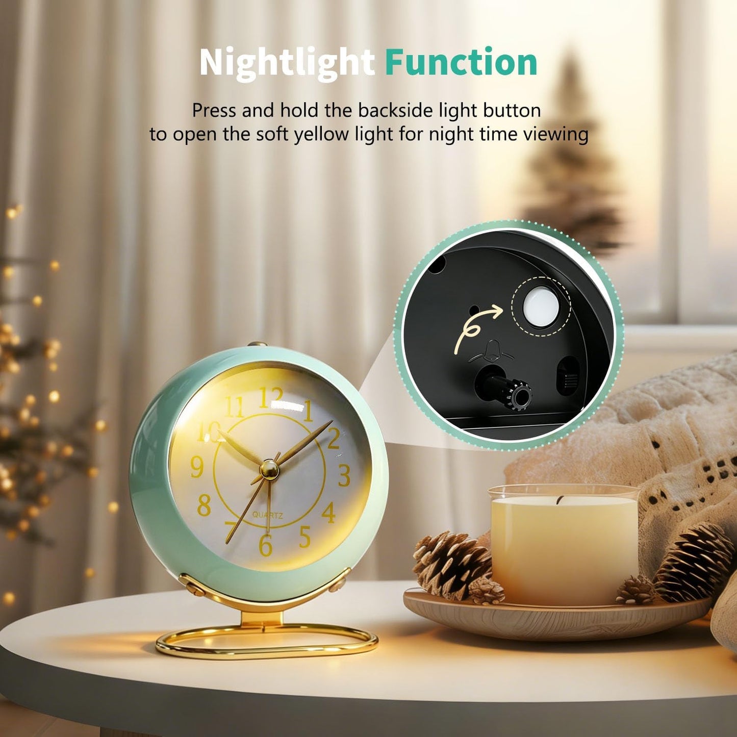 Analog Alarm Clock, Retro Small Desk Clock with Night Light, Backlight Cute Simple Design, Silent Non-Ticking, Battery Powered, Clock for Bedroom,Travel,Kitchen,Bedside Desktop Decor