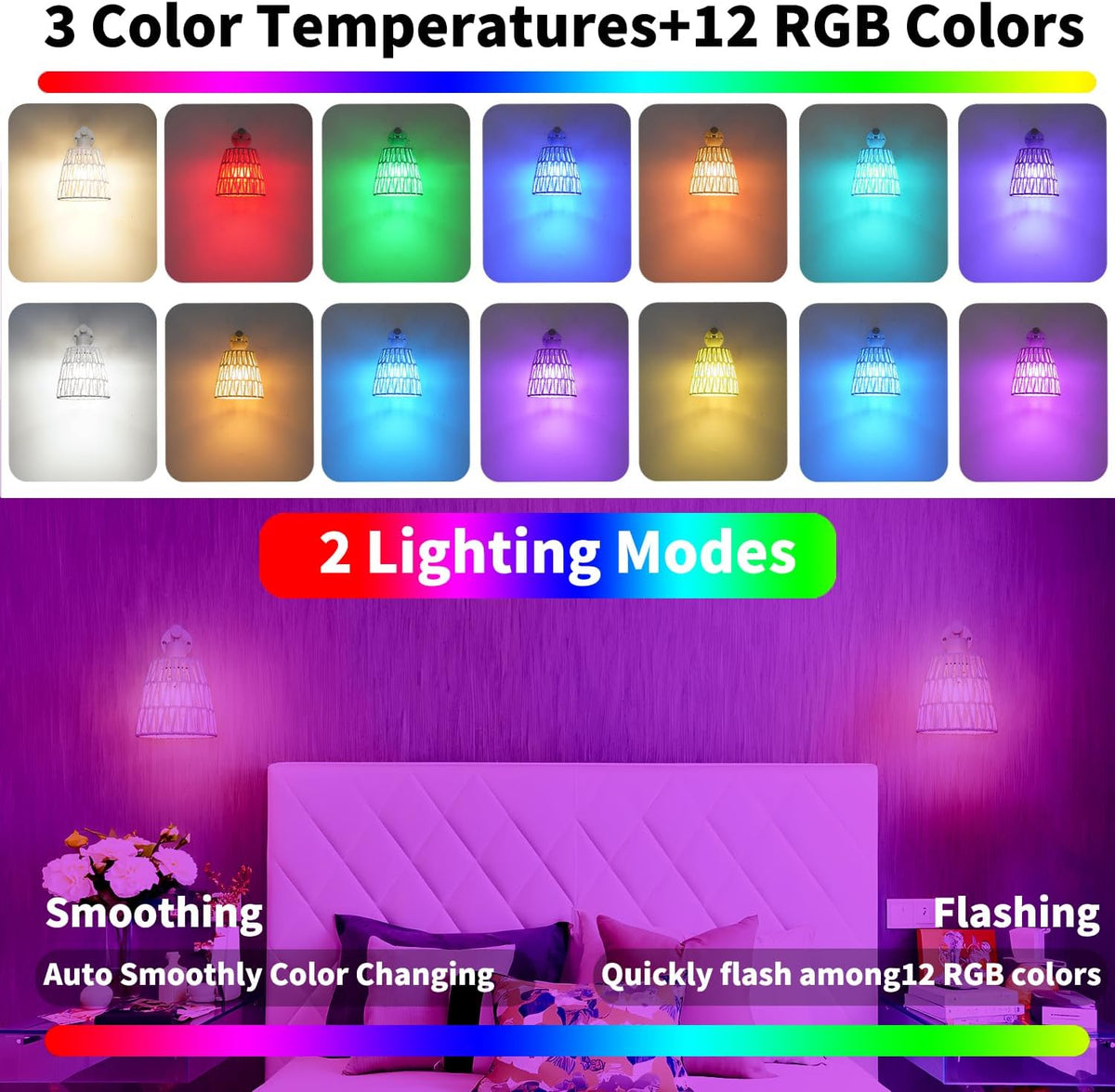 Boho Battery Operated Wall Sconces, Rattan Wall Sconce Set of 2 with Remote, RGB 15 Colors Dimmable Rechargeable Wall Light, Black Indoor Wireless Wall Lamp, Farmhouse Rattan Wall Lighting for Bedroom