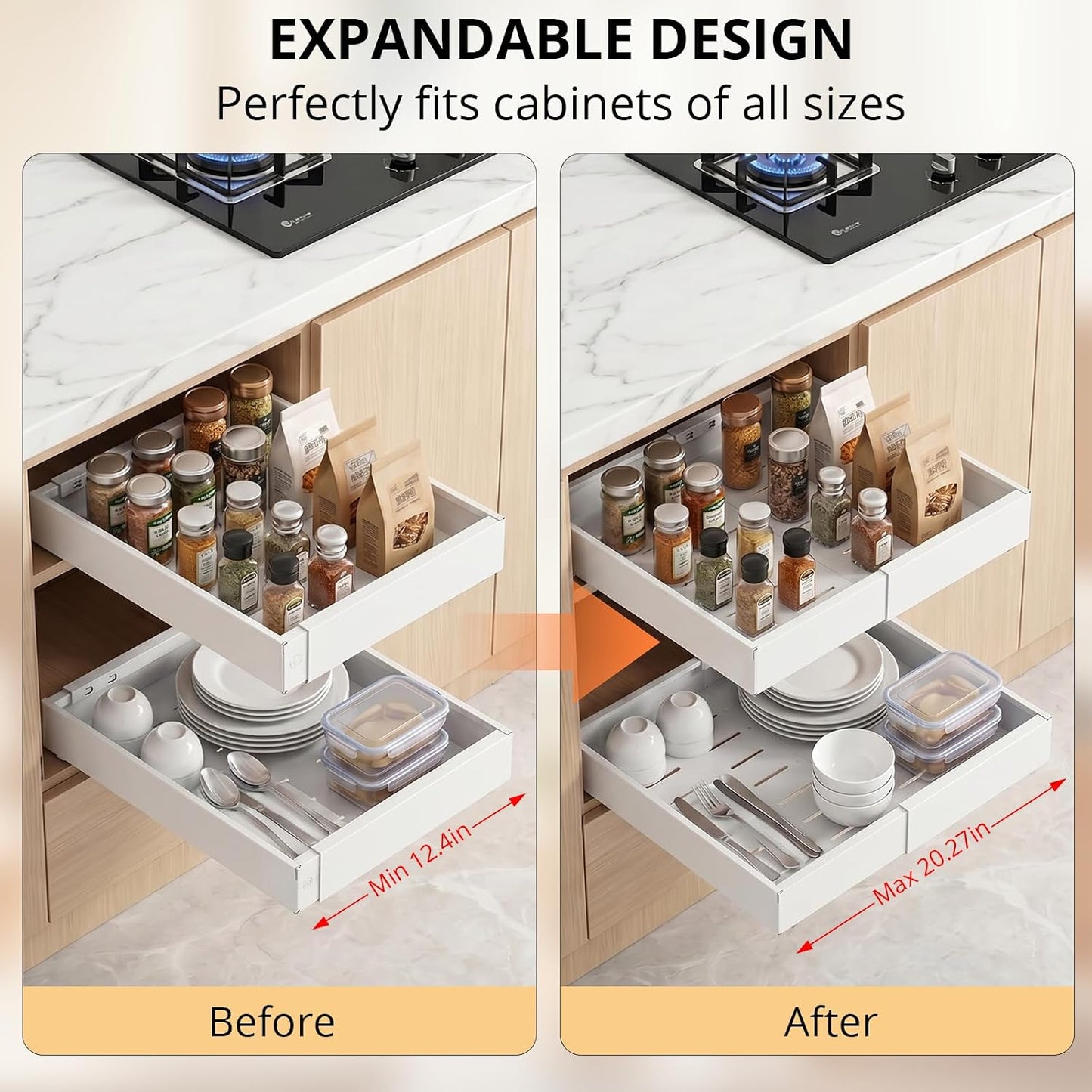 DOMNIU Pull Out Cabinet Organizers Expandable,White,16.9"Depth,2 Pack | Slide Out Drawers for Kitchen, Bathroom, Pantry, Under Sink Storage, Fixed with Adhesive Nano Film (11.6''-17.5'')