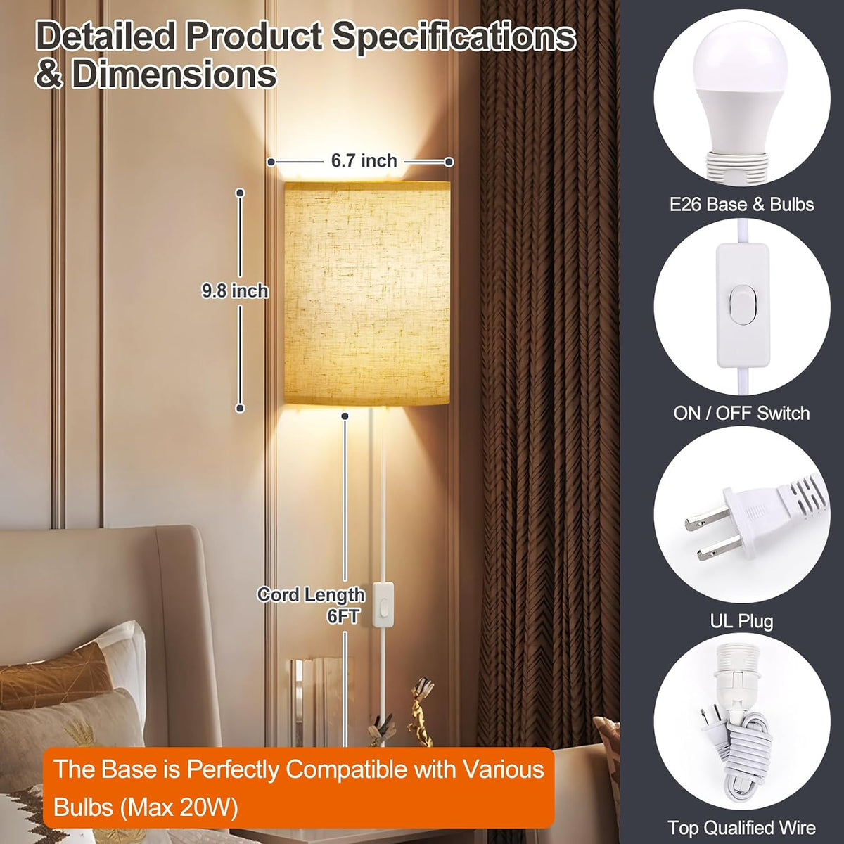 Battery Operated Rechargeable Wall Sconce Set of Two with 10000mAh Battery