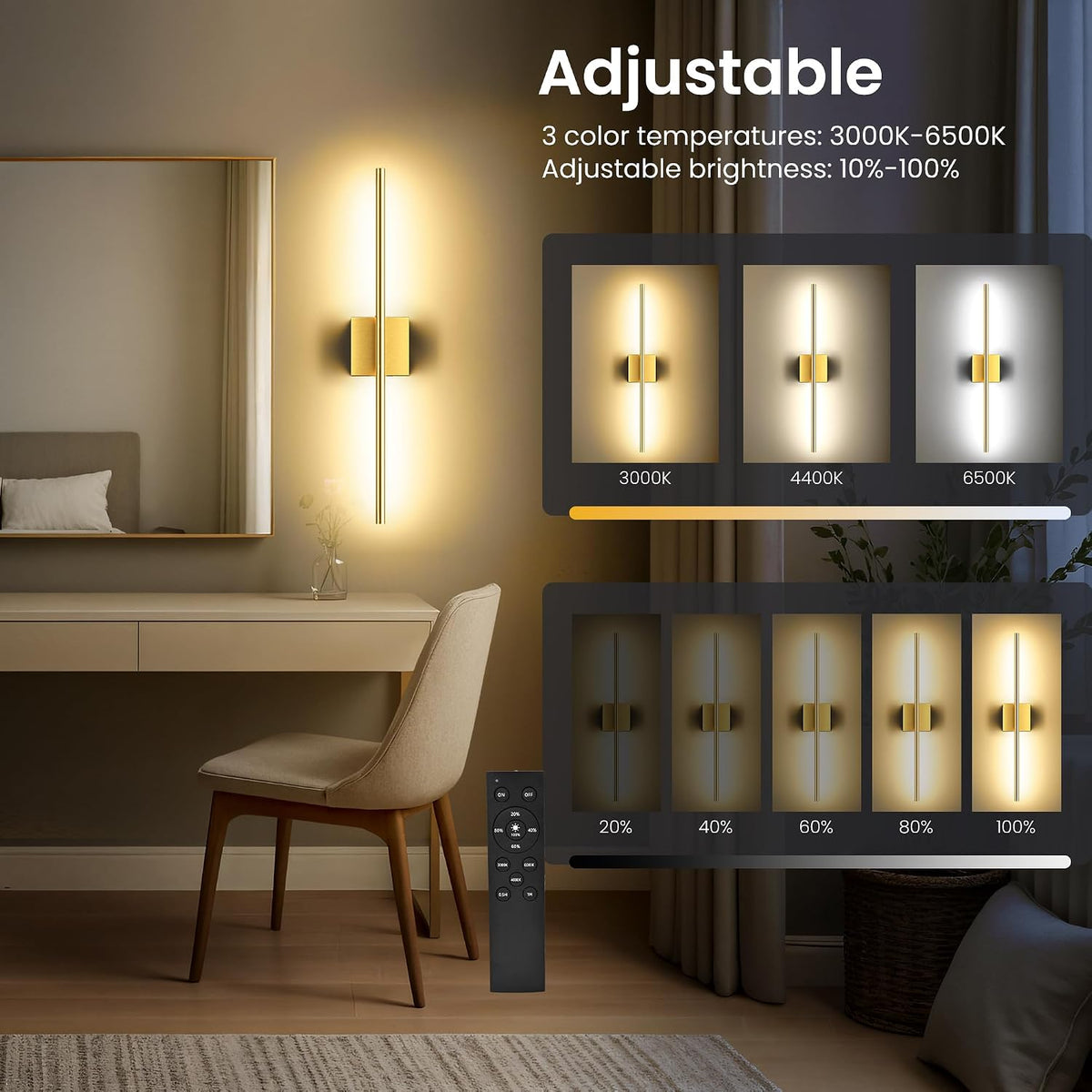 10000mAh Rechargeable Wall Lights, Black Gold, 29 Inch, 3CCT, 2 Pack