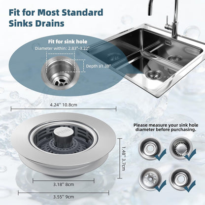 Hibbent 3 in 1 Kitchen Sink Drain Strainer, Metal Pop Up Stopper | Larger Anti-Clogging Basket, 3-Layer Seal, Detachable Sink Drain Plug for US Standard 3-1/2" Drain, Brushed Stainless Steel