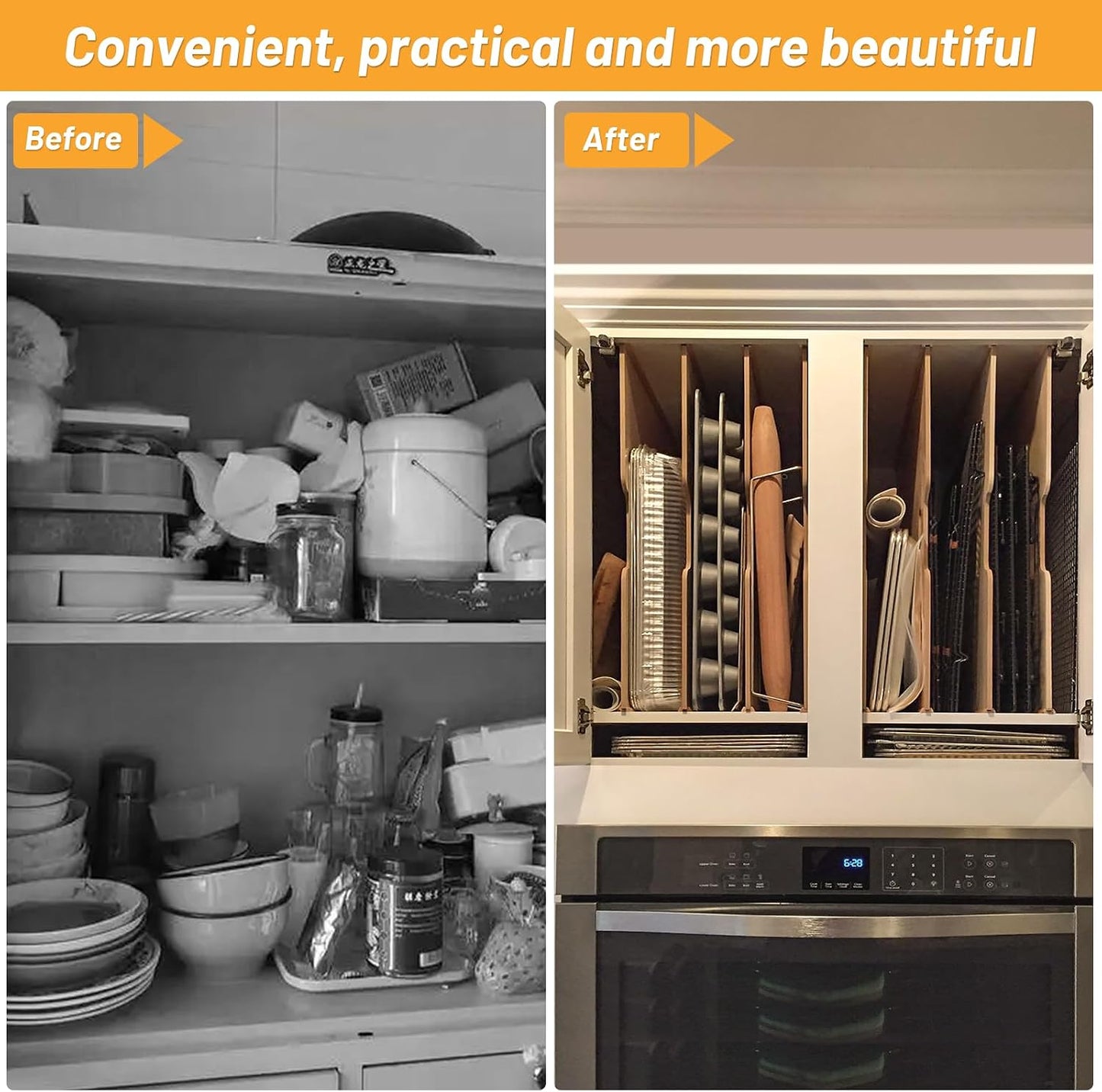 6 Pieces Wood Cabinet Dividers for Baking Sheets,DIY Kitchen Cabinet Dividers with 12 Slideways&36 Screws,Easy Install&Clean,Wood Tray Dividers for Cabinets, Kitchen,Utility Rooms, Bathrooms