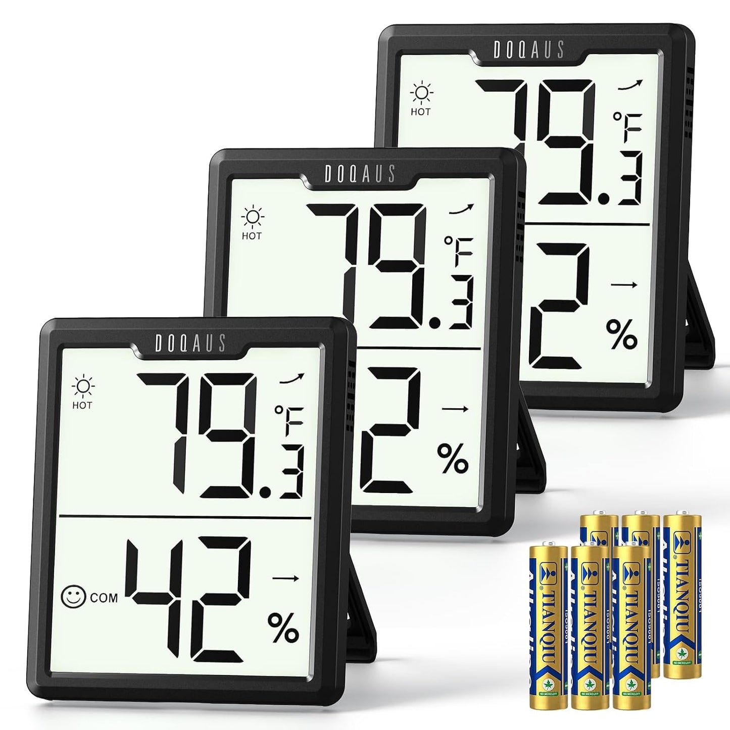 DOQAUS 3 Pack Digital Hygrometer Indoor Thermometer Black | Room Thermometer with Temperature and Humidity Monitor, 3.4" Large Display, Humidity Meter for House, Baby Room, Greenhouse