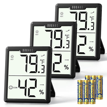DOQAUS 3 Pack Digital Hygrometer Indoor Thermometer Black | Room Thermometer with Temperature and Humidity Monitor, 3.4" Large Display, Humidity Meter for House, Baby Room, Greenhouse