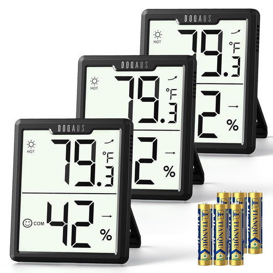 DOQAUS 3 Pack Digital Hygrometer Indoor Thermometer Black | Room Thermometer with Temperature and Humidity Monitor, 3.4" Large Display, Humidity Meter for House, Baby Room, Greenhouse