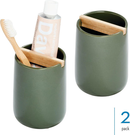 iDesign Ceramic Earth Collection Toothbrush Holder, Moss/Natural Wood | Paulownia Wood Divider