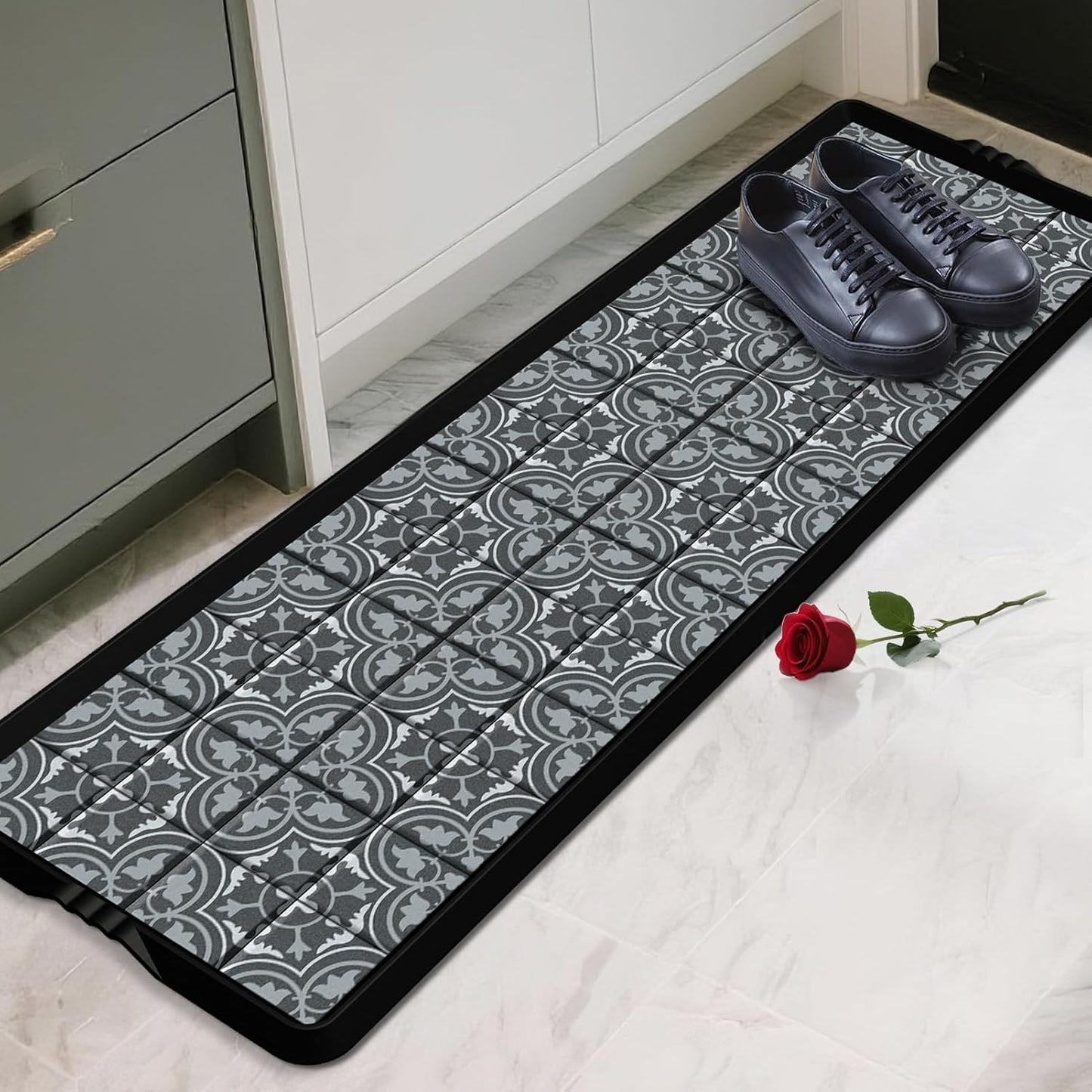 BEHERO Boot Tray Shoe Mat, Rubber Shoe Matt Tray Indoor/Outdoor Use, 16" x27.5" Shoe Cleaning Mat Non-Slip with Raised Edge for Entryways, Decks, and Patios (Black)
