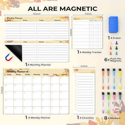 Refrigerator Calendar Magnetic, 16.3x11.7” (4-Pack) – Weekly & Monthly Planner, Chore Chart, Grocery/to-Do List for Fridge, Includes 8 Markers, 6 Magnets & 1 Eraser for Kitchen, Yellow
