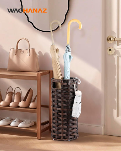 Rattan Umbrella Stand, Umbrella Holder for Entryway, Hand Woven Umbrella Rack Organizer Freestanding, with a Detachable Drip Tray, 4 Hooks, 7.5" L x 7.5" W x 16.5" H