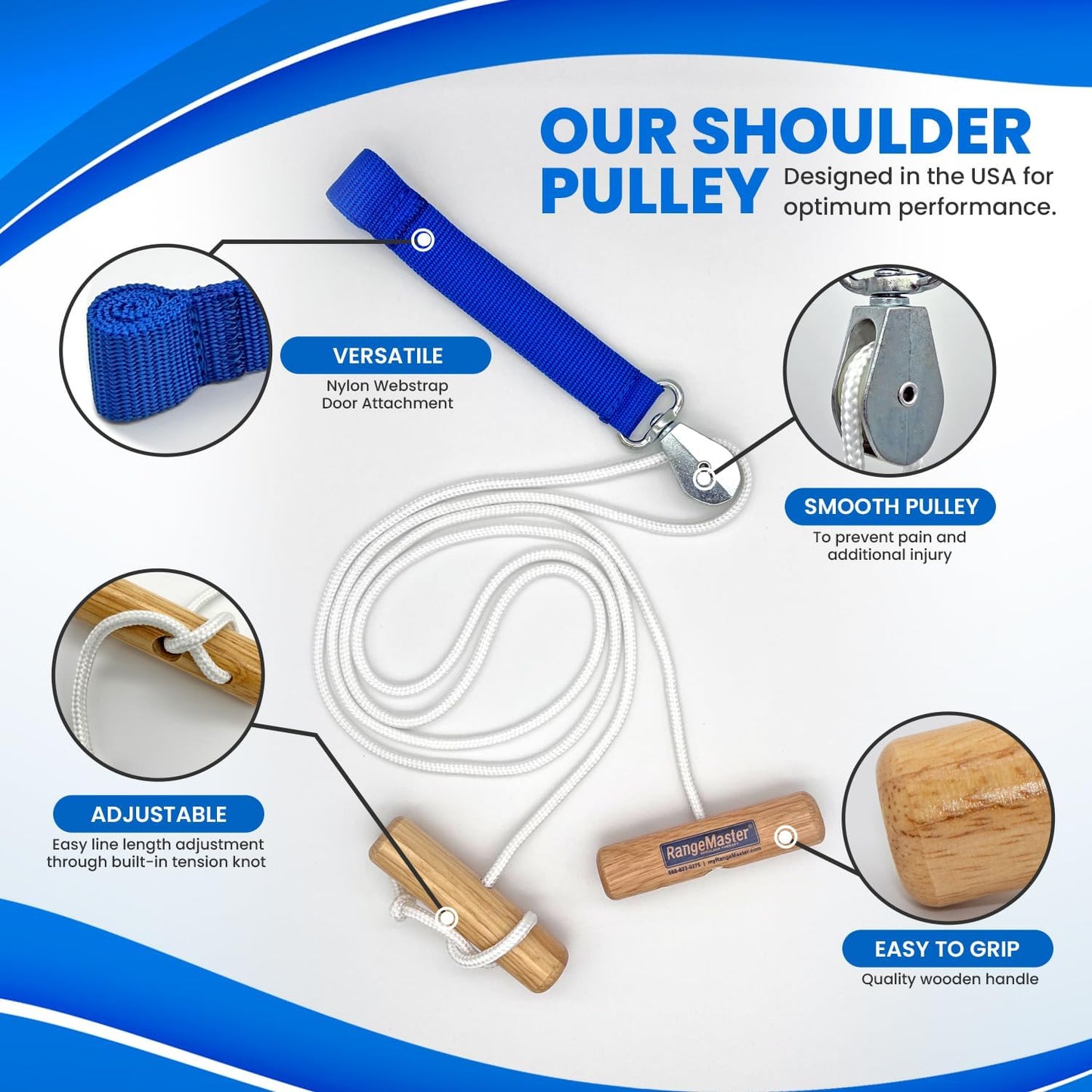 RangeMaster Econo Ranger Shoulder Pulley │ Physical Therapy Exercises │ Aids in Recovery and Rehabilitation │ Increases Mobility │ Wooden Handles for Comfort │ Web Strap Door Attachment