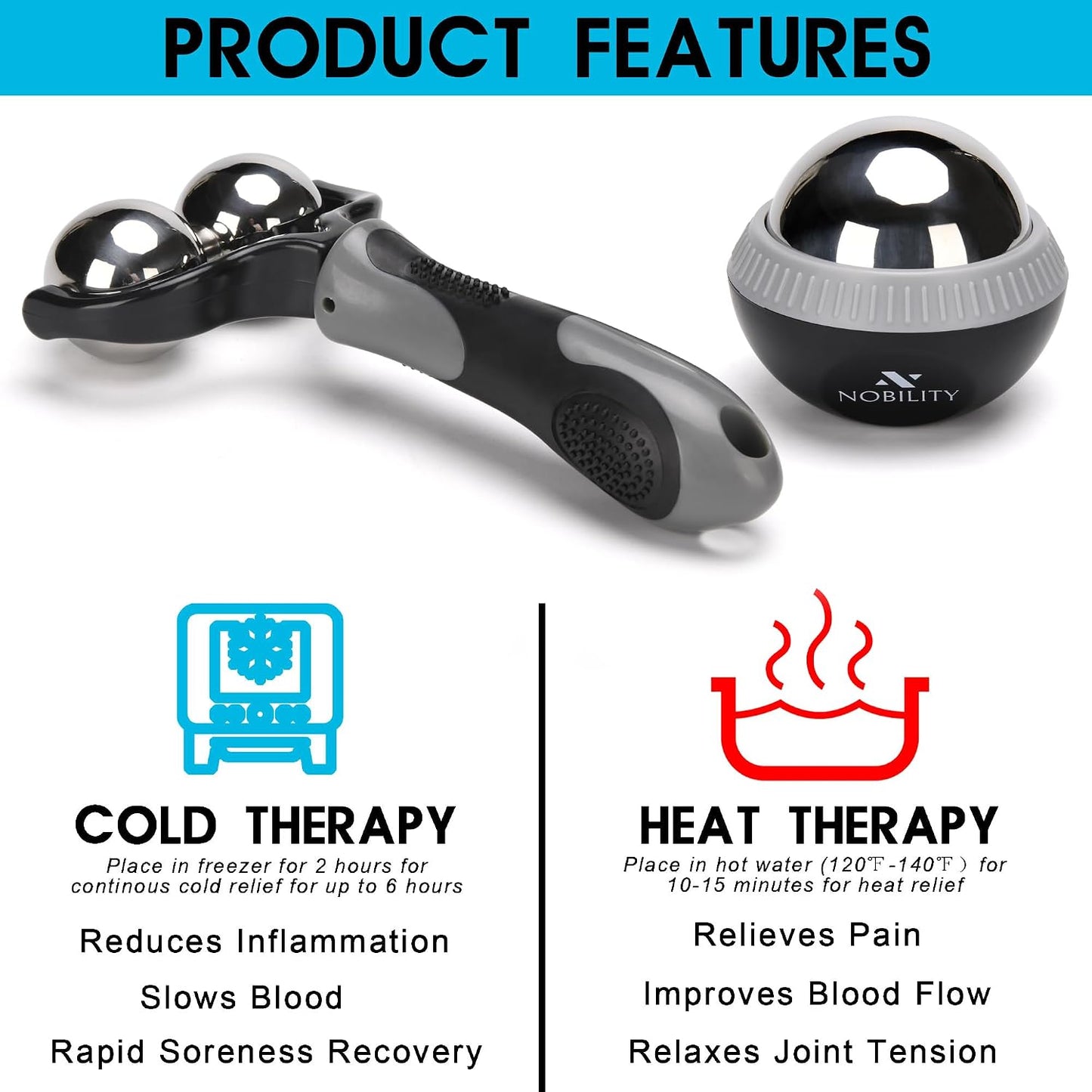 Nobility Massage Ball Roller– Ice Cold and Hot for Deep Tissue and Sore Muscle Relief of Stiffness and Stress, Body, Neck, Back, Foot, Plantar Double Black