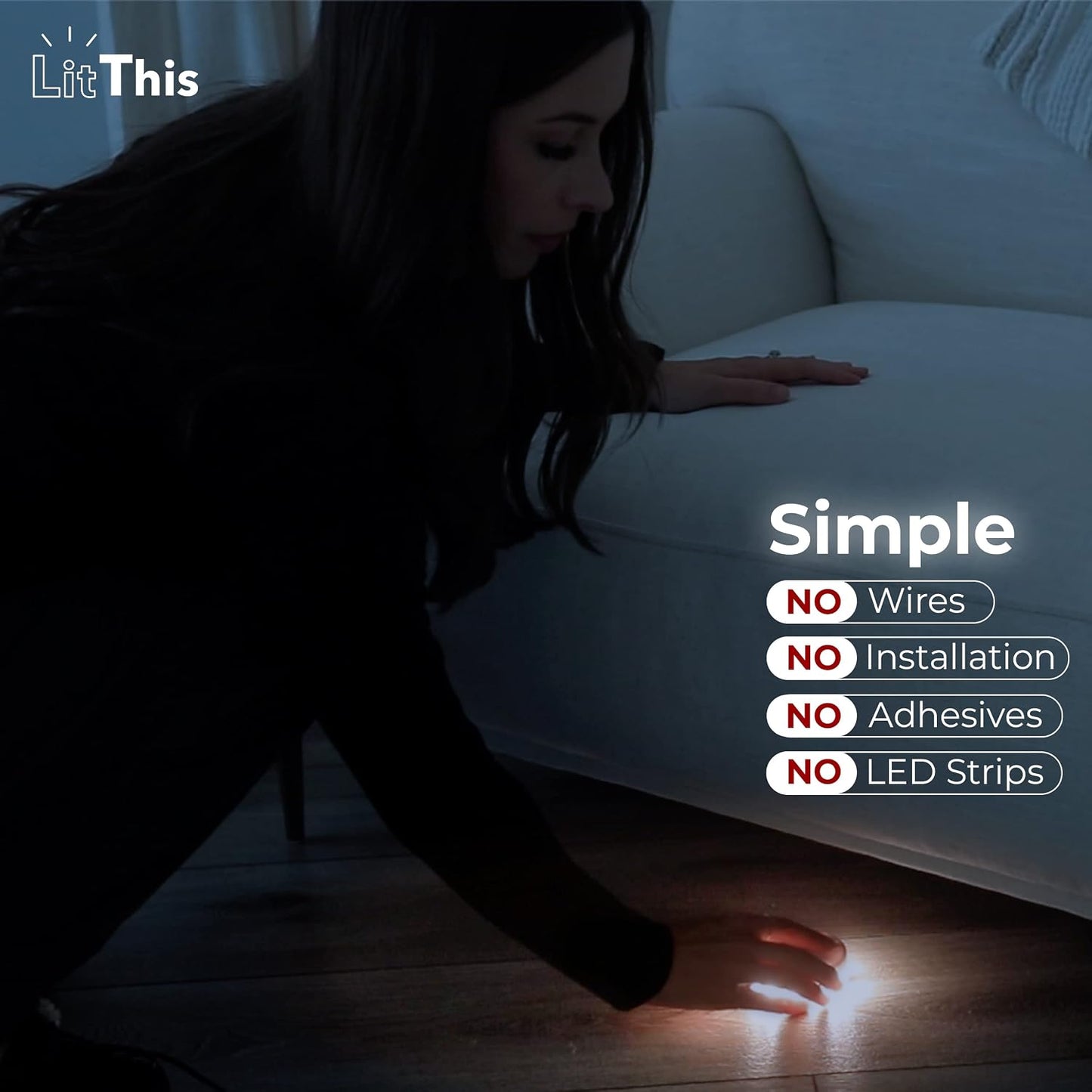 Under Bed Lights Motion Sensor Patented 360° motion activated night light for under bed light. – No Installation, easily positioned, dimmable, auto on/off.