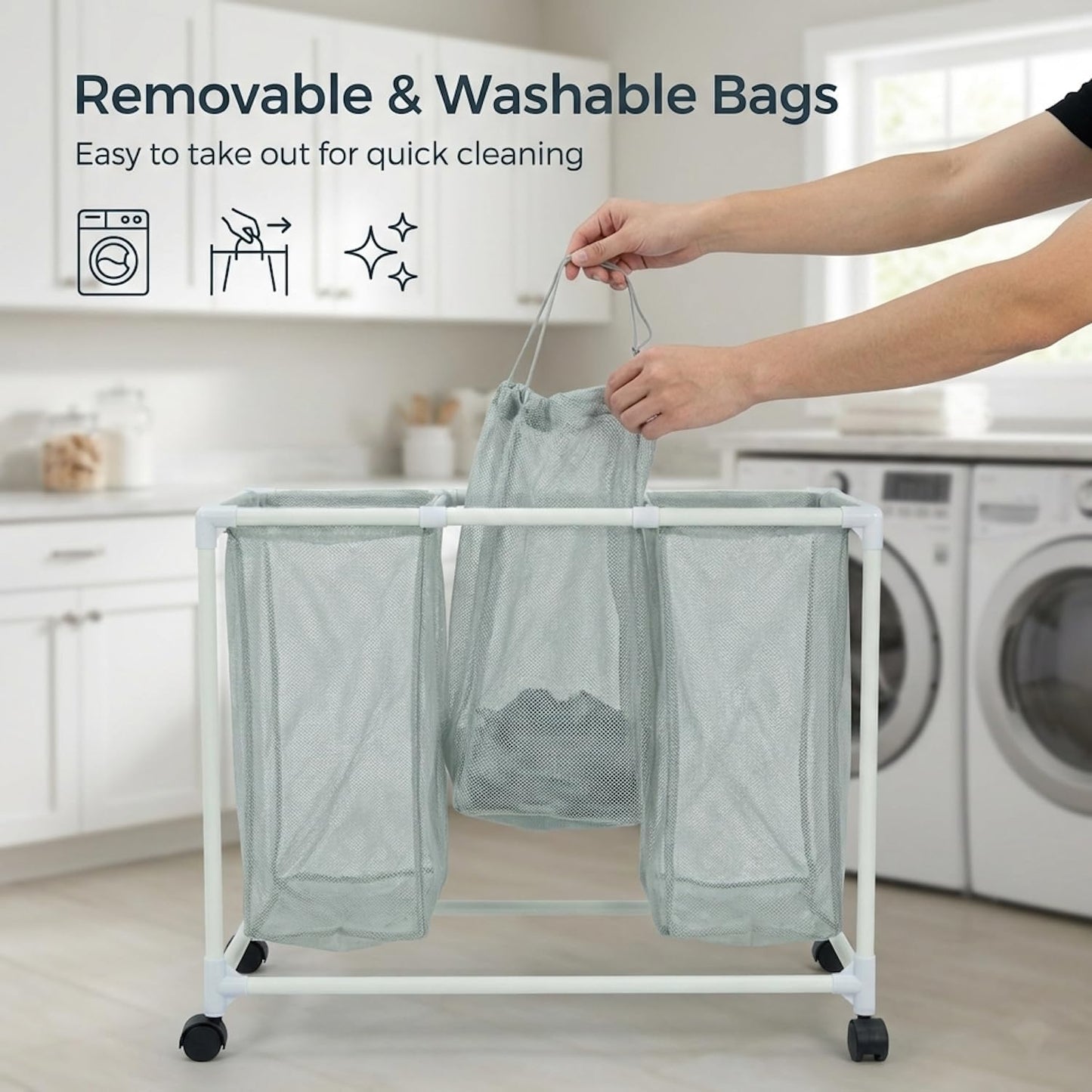 3 Section Laundry Hamper with Wheels & Lid, Large Rolling Laundry Basket Organizer, Durable Mesh Bags for Laundry Room Organizer, Easy Assembly, 29.5L x 19W x 30.5H Inches