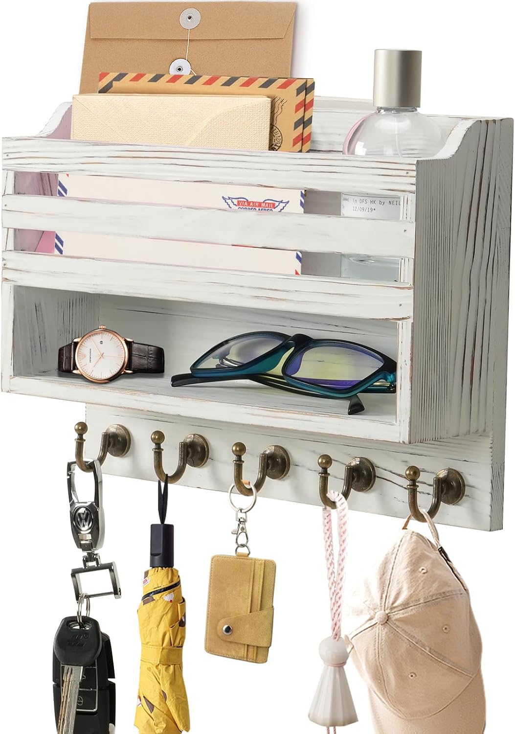 Key Holder Wall Mount with Mail Organizer, 5 Key Hooks, Brown | Wood Mail Organizer Wall Mounted with 5 Key Hooks & Storage Box and Mail Organizer for Entryway, Apartment, Home and Office