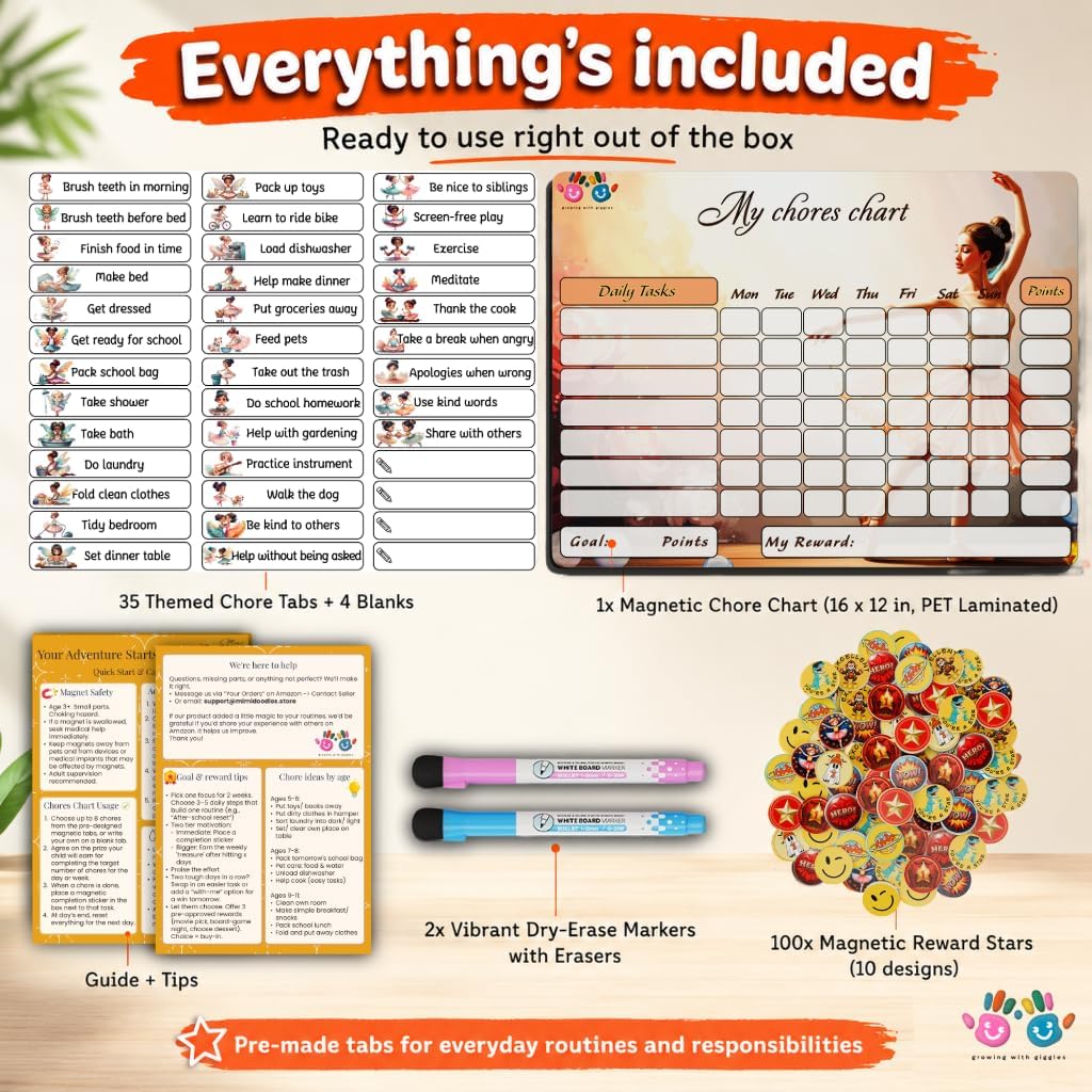 Mimi Doodle Magnetic Chore Chart for Kids – 16x12 Dry Erase Daily Responsibility Board for Fridge with 39 Chore tabs, 100 Reward Stickers – Behavior Chart for Kids at Home – Simple Theme