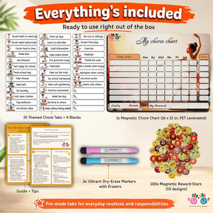 Mimi Doodle Magnetic Chore Chart for Kids – 16x12 Dry Erase Daily Responsibility Board for Fridge with 39 Chore tabs, 100 Reward Stickers – Behavior Chart for Kids at Home – Simple Theme