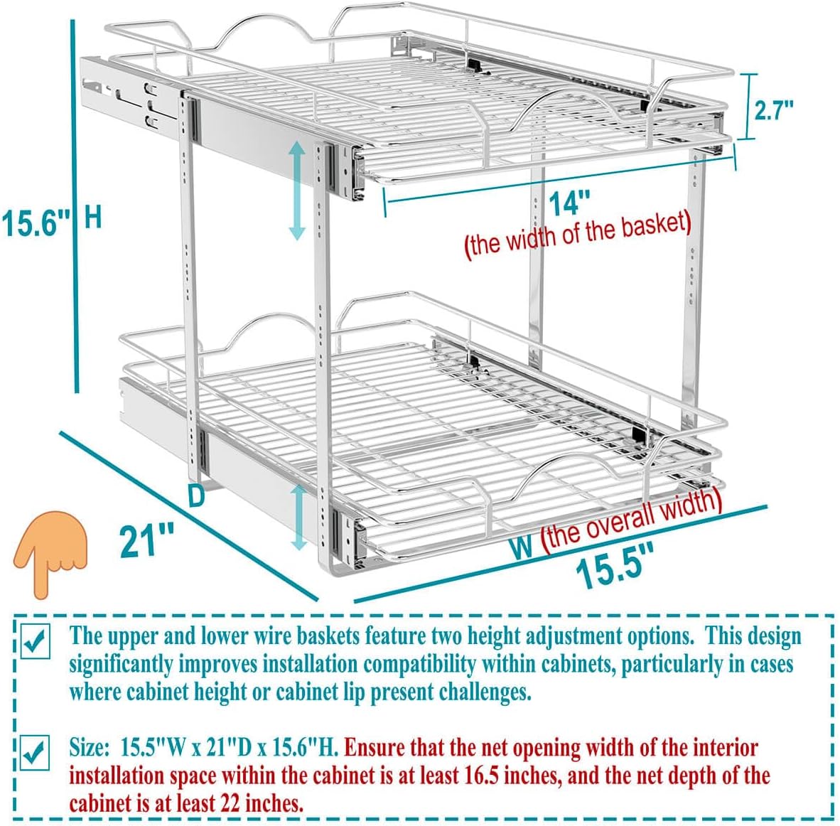 OCG Pull Out Cabinet Organizer (15" W x 21" D), Pull out Drawers, Cabinet Pull Out Shelves for Base Cabinet Organization in Kitchen Bathroom Pantry, Bottom Mount, Chrome Finish