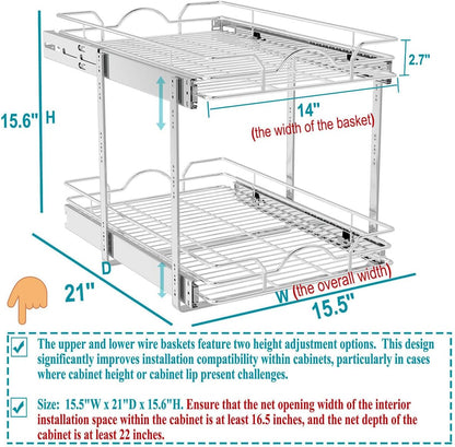 OCG Pull Out Cabinet Organizer (15" W x 21" D), Pull out Drawers, Cabinet Pull Out Shelves for Base Cabinet Organization in Kitchen Bathroom Pantry, Bottom Mount, Chrome Finish