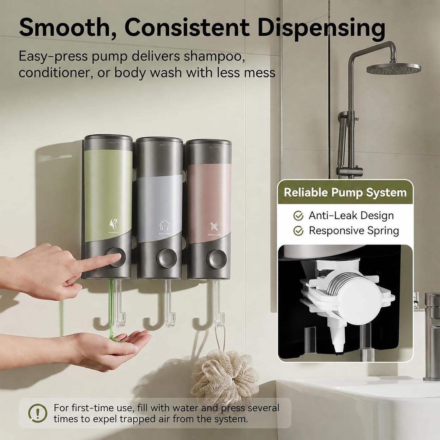 Shampoo and Conditioner Dispenser Wall Mounted with Hooks, 3-Chamber 1200ML Shower Soap Dispenser, No-Drill Bathroom Shower Organizer for Shampoo, Conditioner, Body Wash（Gun Grey）