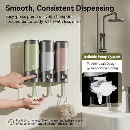 Shampoo and Conditioner Dispenser Wall Mounted with Hooks, 3-Chamber 1200ML Shower Soap Dispenser, No-Drill Bathroom Shower Organizer for Shampoo, Conditioner, Body Wash（Gun Grey）