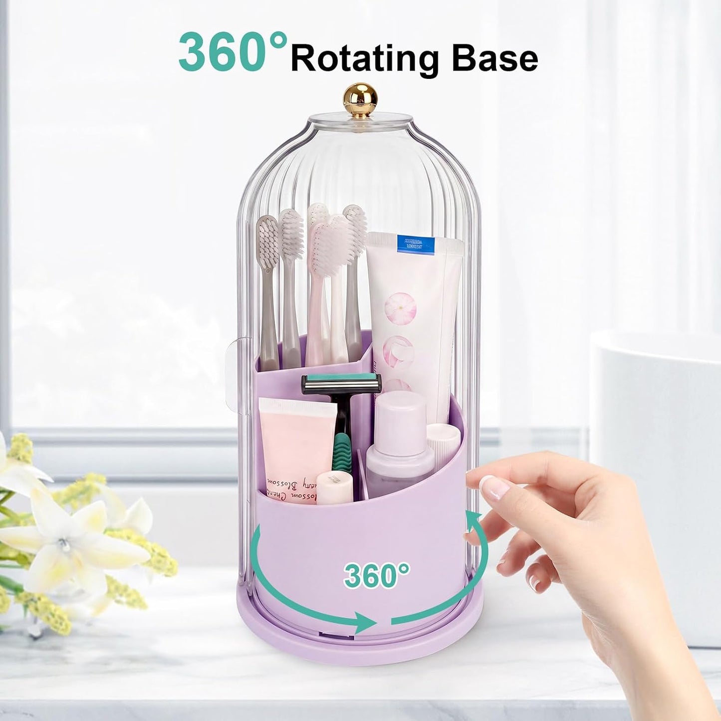 QIYVLOS Toothbrush Holders with Sliding Lid, Rotating 3 Slots Bathroom Organizer Countertop, Tooth Brush Toothpaste Holder Bathroom Counter Stand Sink Organizer Caddy for Vanity Makeup Brushes Holder