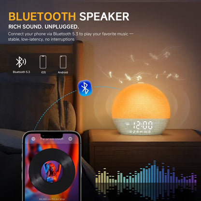Geuuap Sunrise Alarm Clock White Noise Machine with Bluetooth Speaker,Khaki | 30 Soothing Sounds, 17 Dimmable lights, Simulated Sunrise, Backup Battery Memory, Auto-off Sleep Timer, Screen-Free Design