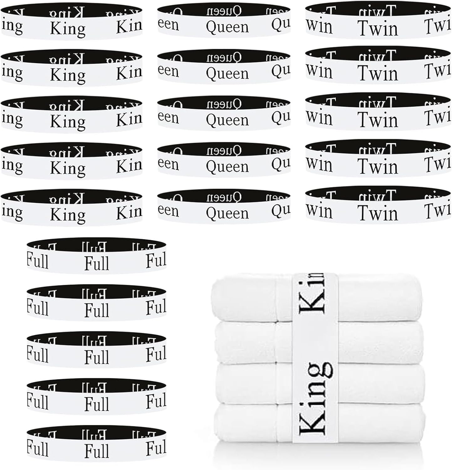 20 Pieces Bed Sheet Organizer Bands, Bed Sheet Size Label Bands for Linen Closet Organizers and Storage, Elastic Bedding Bands Labels for Organizing Bed Sheets (King Queen Twin Full)
